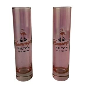 Vtg Set of 2 Flamingo‎ Hilton Las Vegas 7 1/2" Pink Super Shooter Shot Glasses